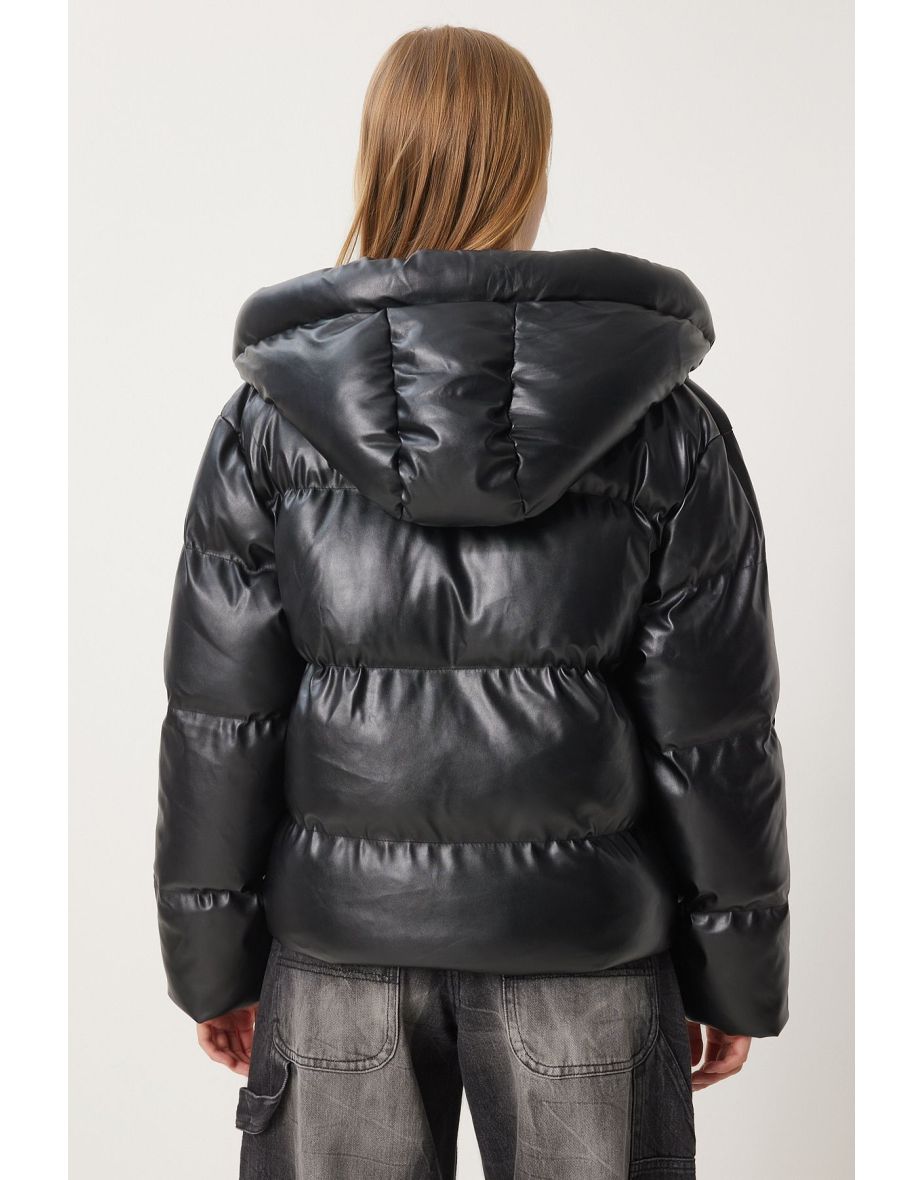 Women's Black Hooded Faux Leather Jacket - 7