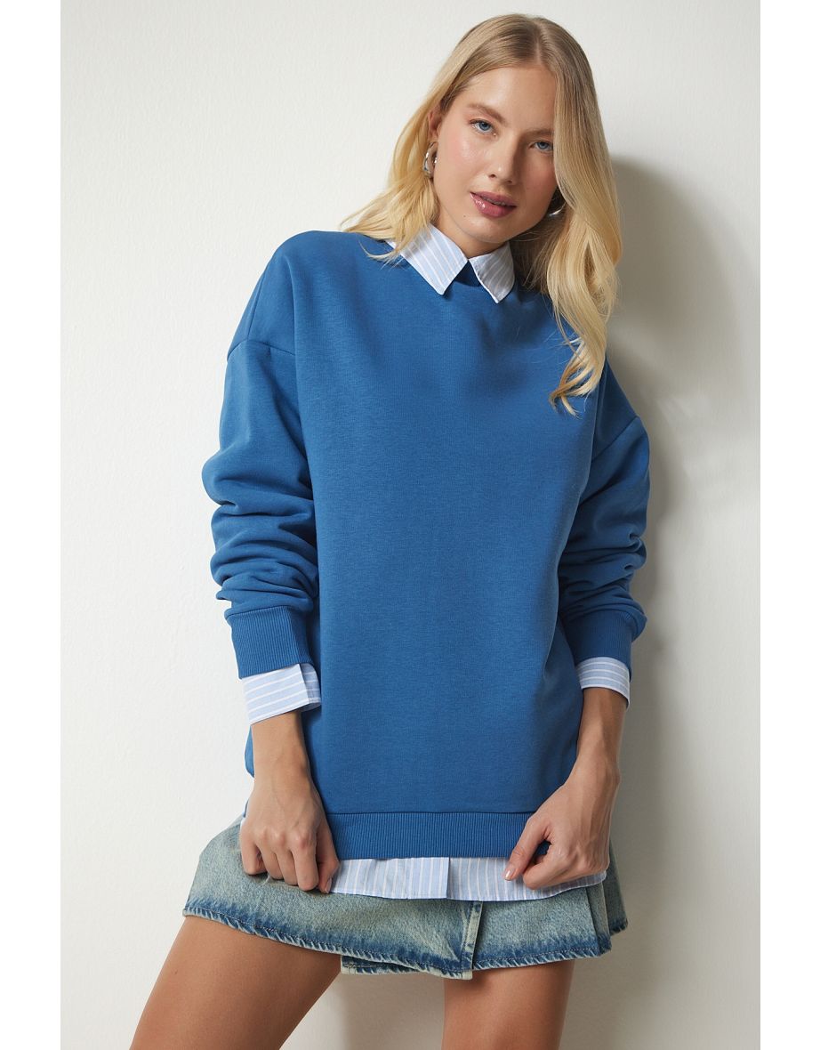 Shop Women s Indigo Blue Stand Up Collar Basic Shark Sweatshirt Online in Bahrain VogaCloset