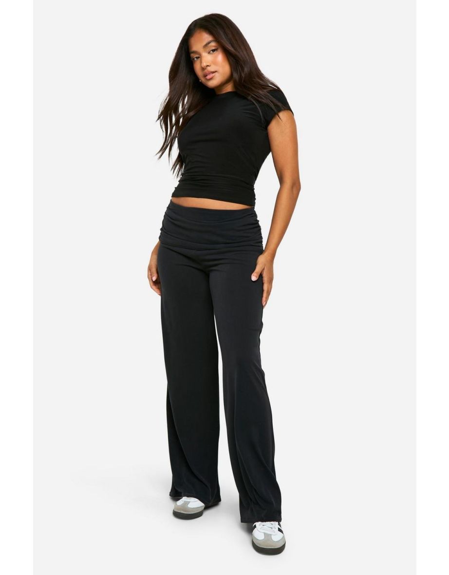 Petite Jersey Fold Over Waist Wide Leg Trousers - black