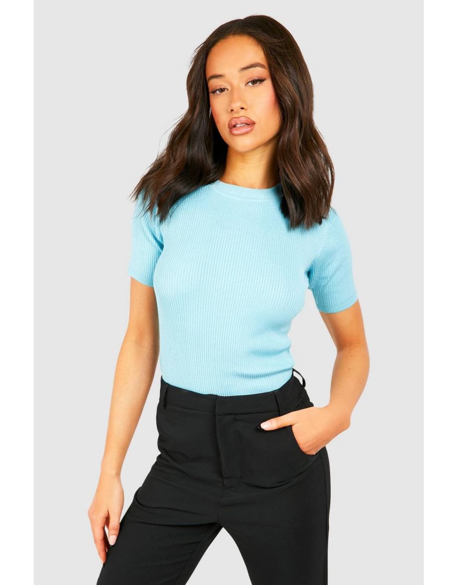 Rib Knit Crew Neck Short Sleeve Knitted Top - bright blue