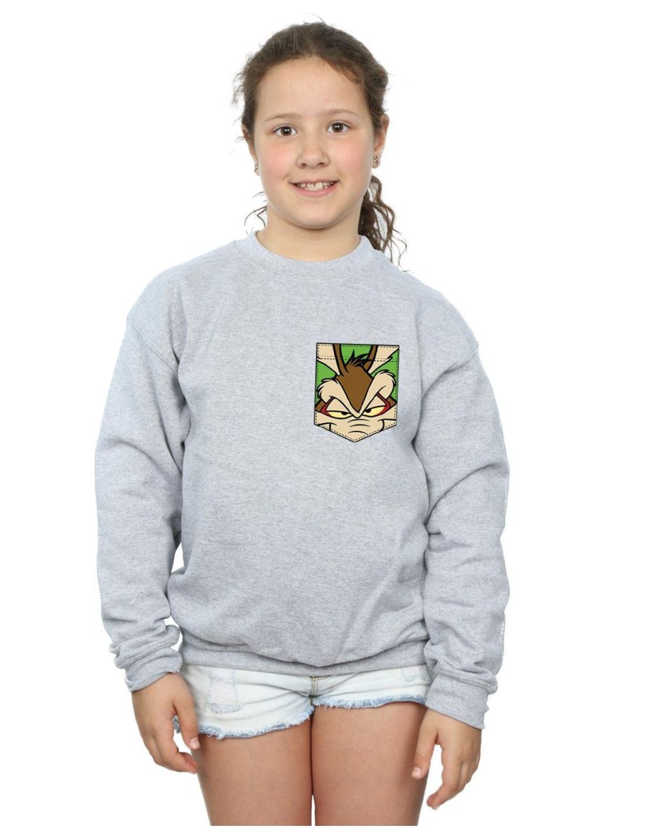 Looney Tunes Girls Wile E Coyote Face Faux Pocket Sweatshirt - Sports Grey