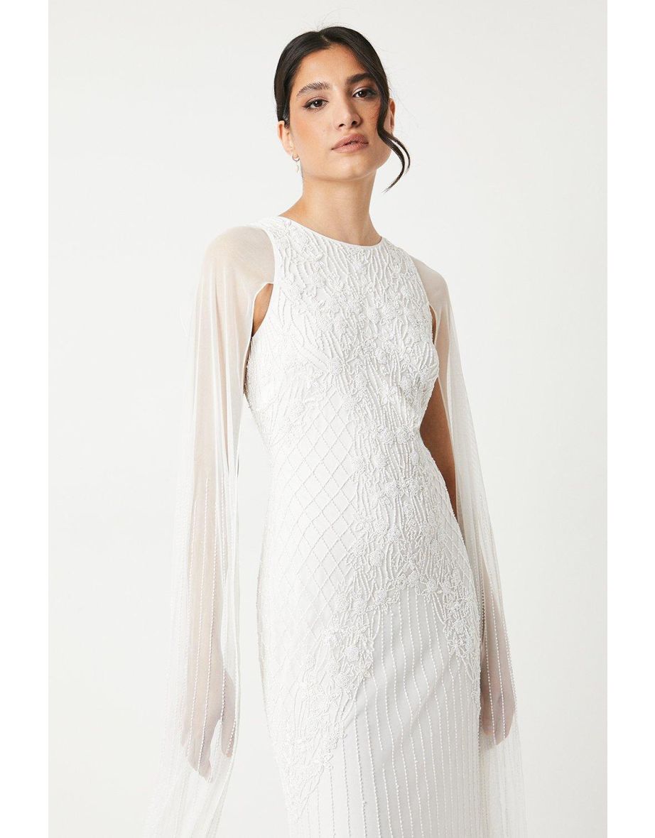 Premium Embellished Wedding Dress With Cape Sleeves - 3