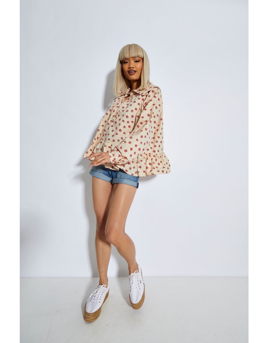 Glamorous Womens Stone Red Daisy Long Sleeve Blouse