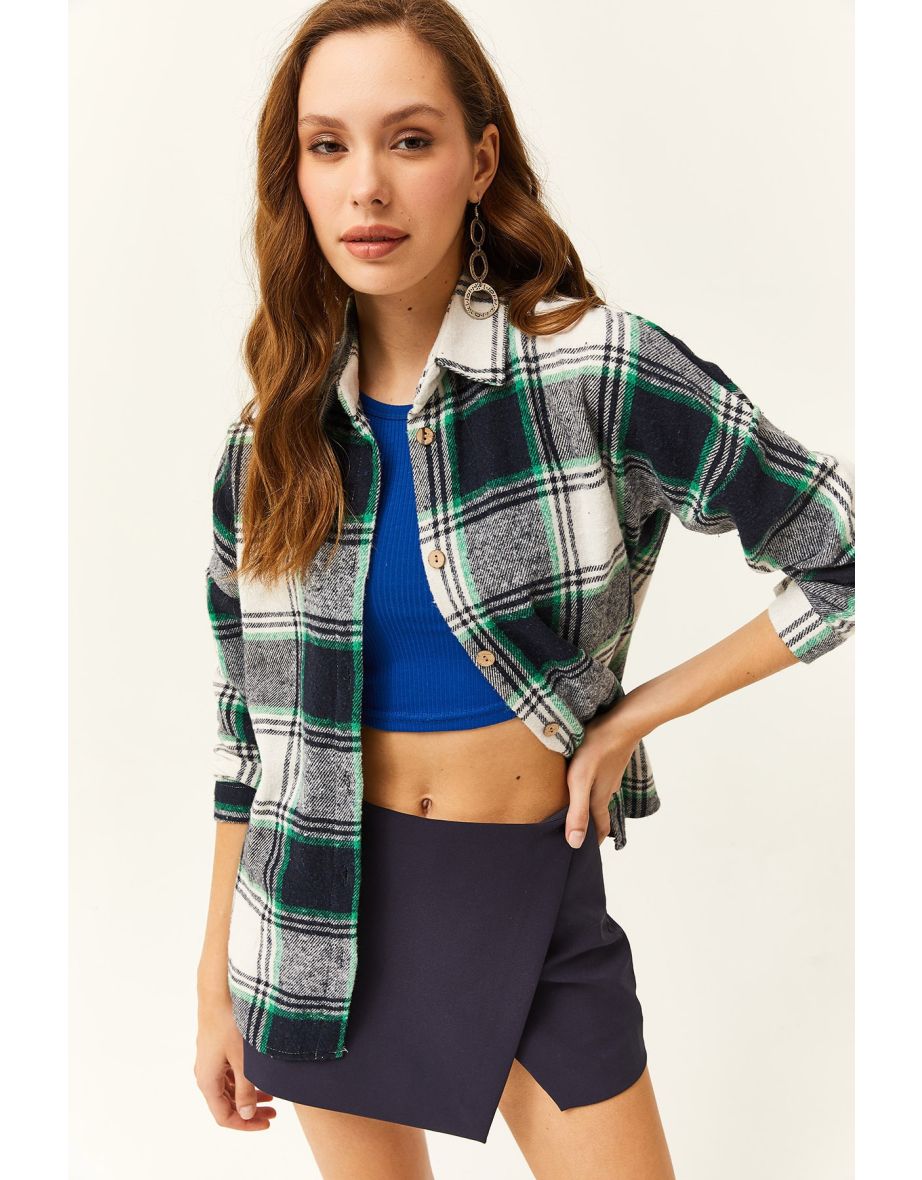 Women's Ecru Green Plaid Lumberjack Shirt