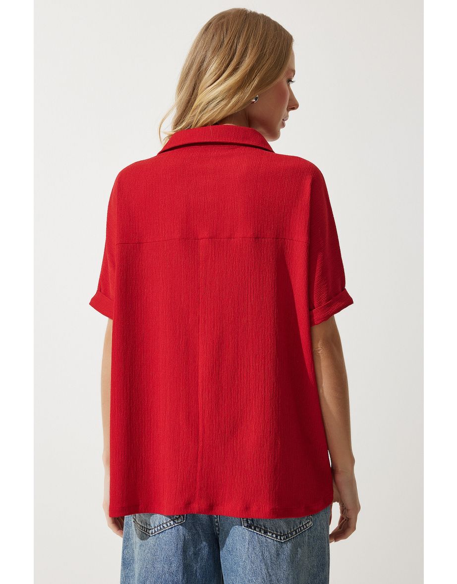 Women's Red Polo Neck Knitted Crinkle Blouse - 4