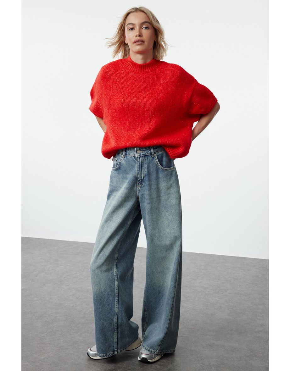 Red Wide Pattern Soft Texture Knitted Sweater