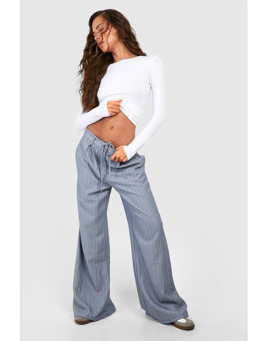 Shop Pinstripe Tie Waist Tailored Wide Leg Trousers light grey Online in Bahrain VogaCloset