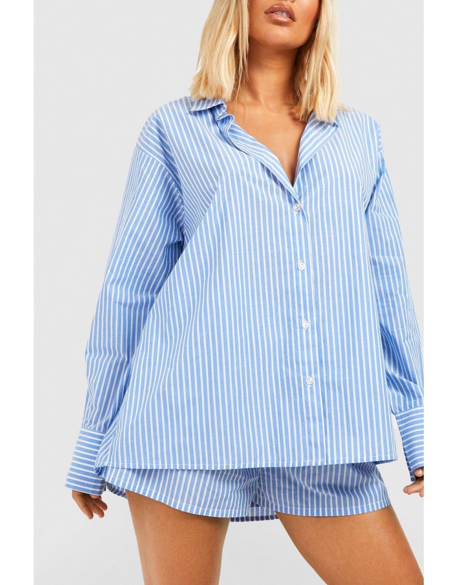 Cotton Pinstripe Oversized Pyjama Shirt - blue - 3