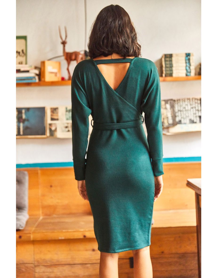 Women's Emerald Green Double Breasted Belted Sweater Dress - 5