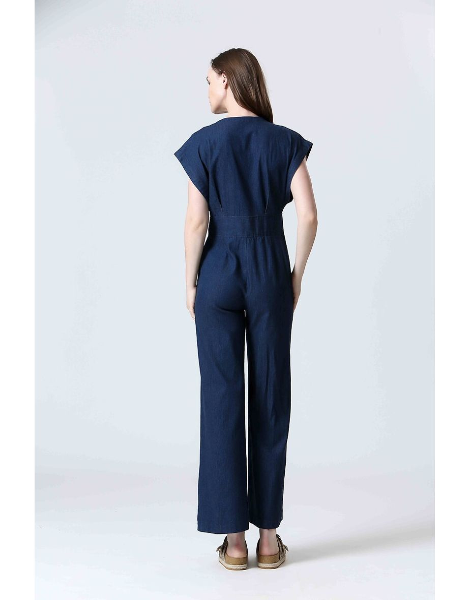 Short-Sleeved Denim V-Neck Jumpsuit - 4