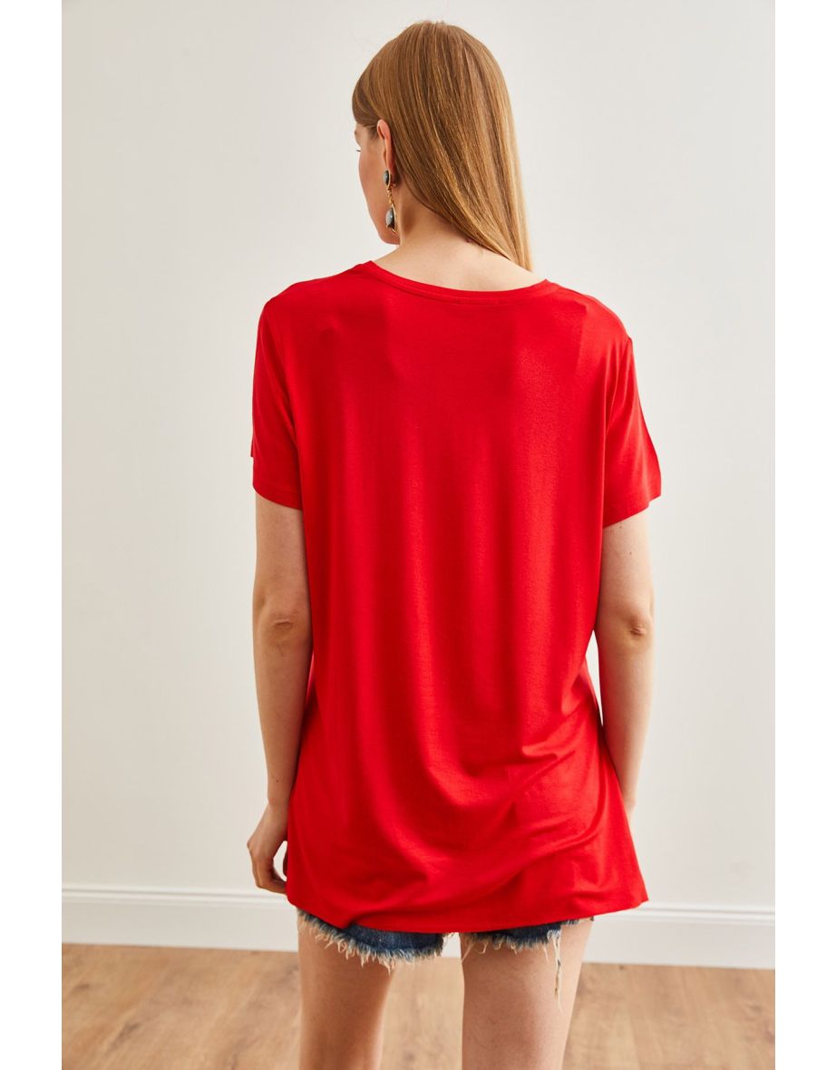 Women's Red V-Neck Loose Loose T-Shirt with Side Slits - 5