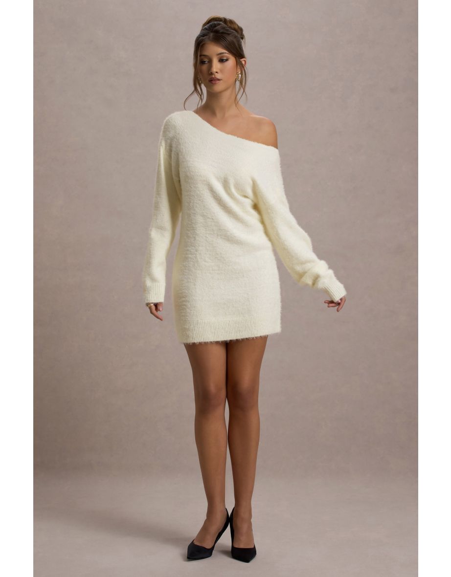 Terra | Cream Faux Mohair Oversized Open-Back Mini Dress - 4