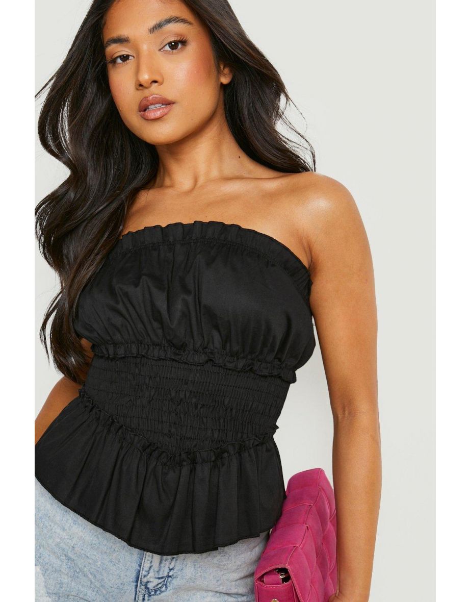 Petite Cotton Shirred Ruffle Hem Bandeau - black
