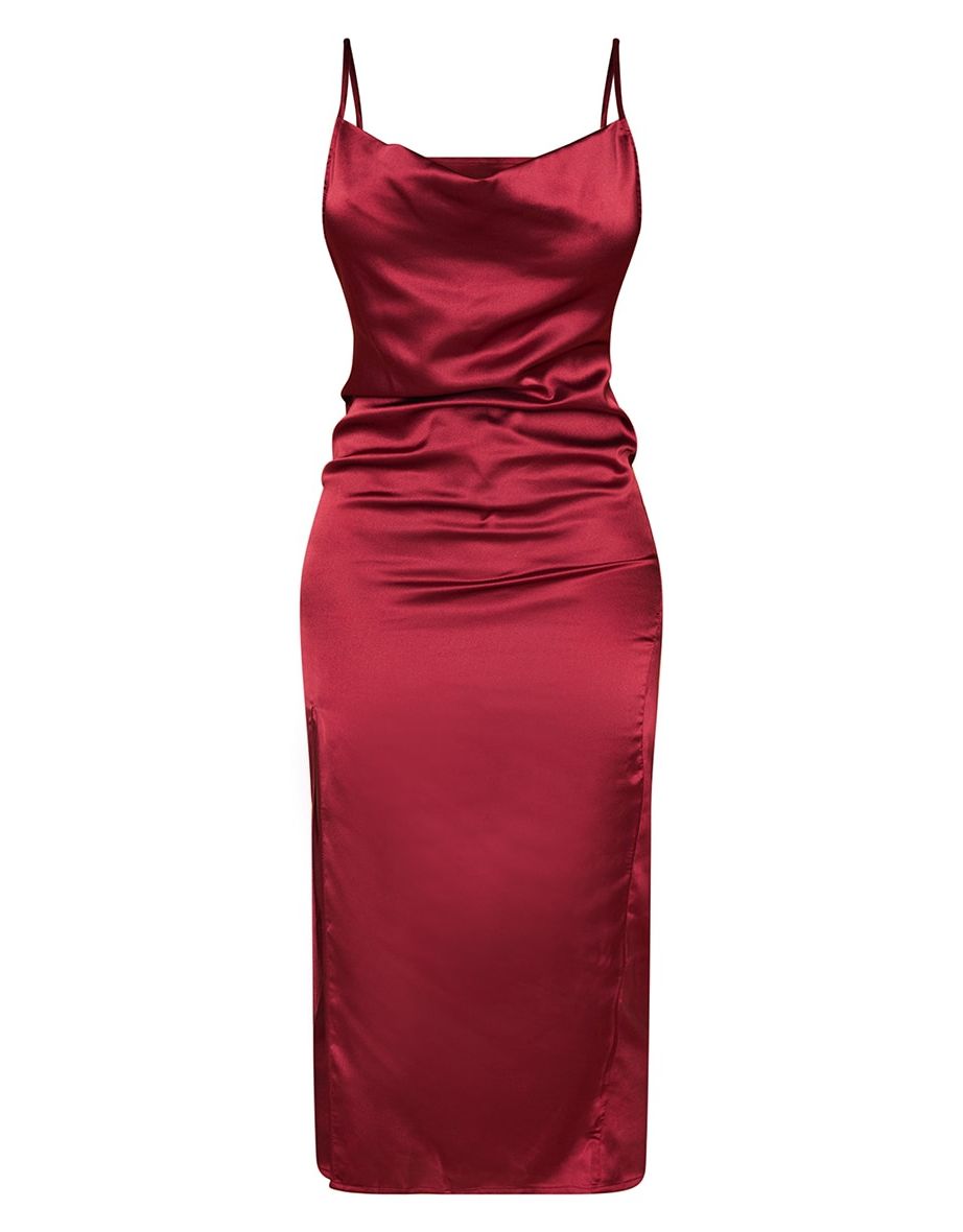 Petite Burgundy Strappy Satin Cowl Midi Dress - 5