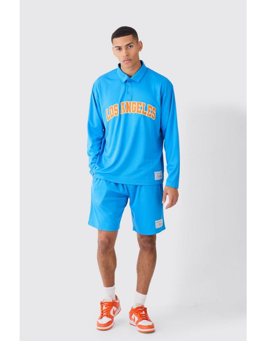 Oversized Los Angeles Rugby Mesh Polo & Mesh Shorts Set - blue