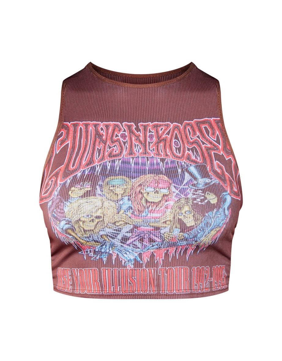 Chocolate Guns And Roses Print Rib Crop Top - 4