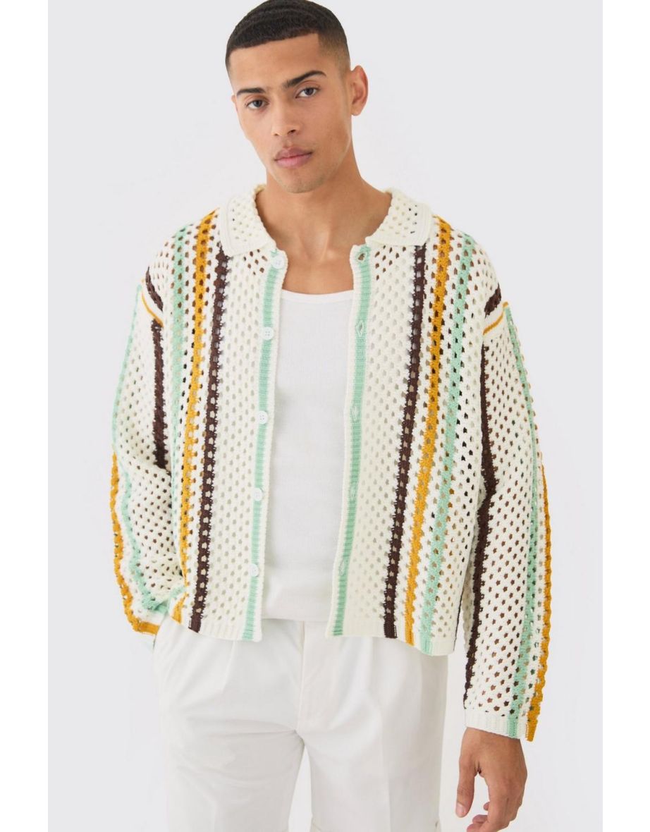 Oversized Boxy Long Sleeve Open Stitch Stripe Shirt - stone
