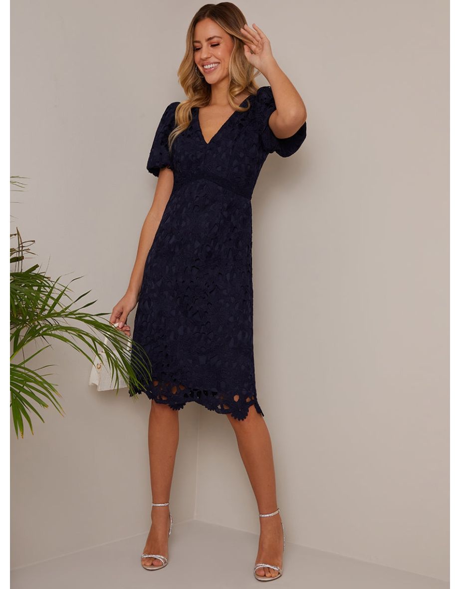 Shop Puff Sleeve Premium Lace Midi Dress in Navy Online in Bahrain VogaCloset