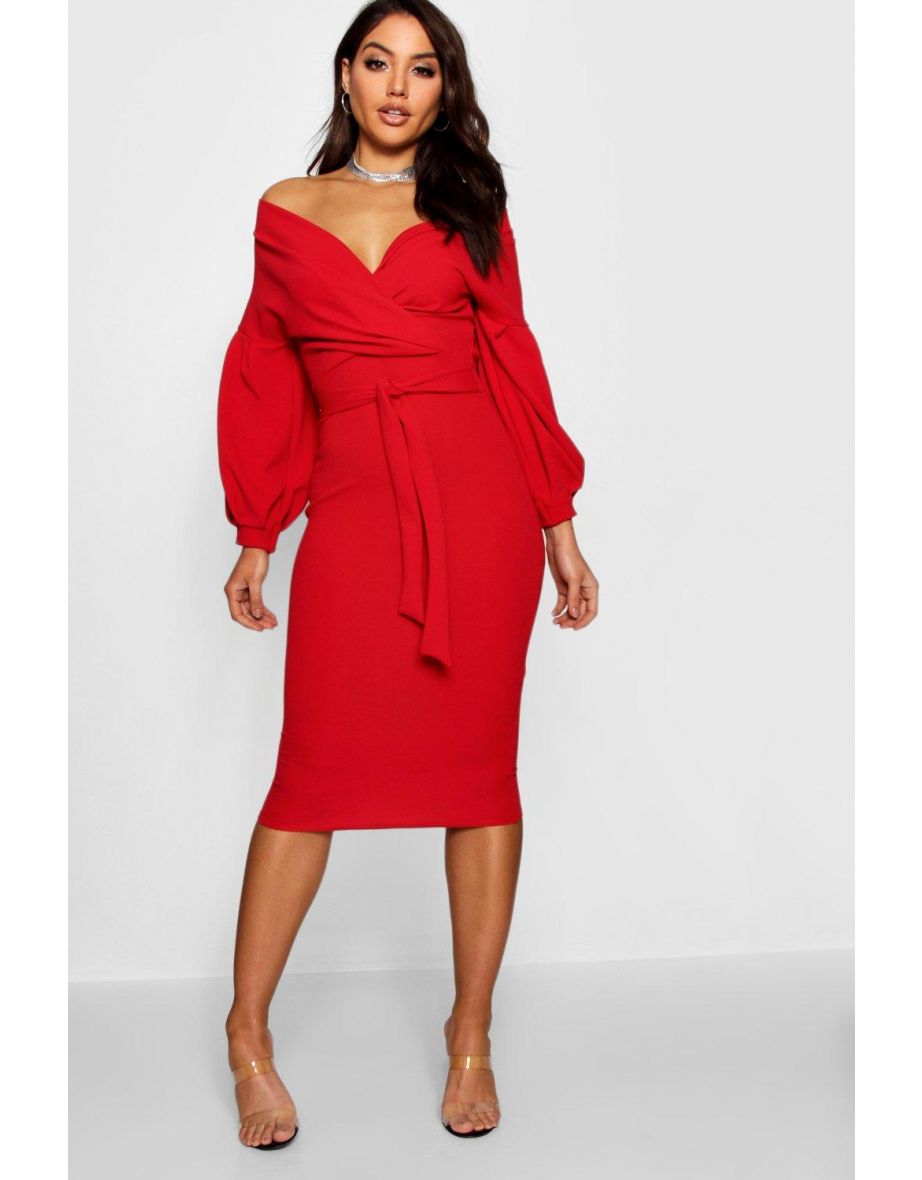 Off the Shoulder Wrap Midi Dress - red
