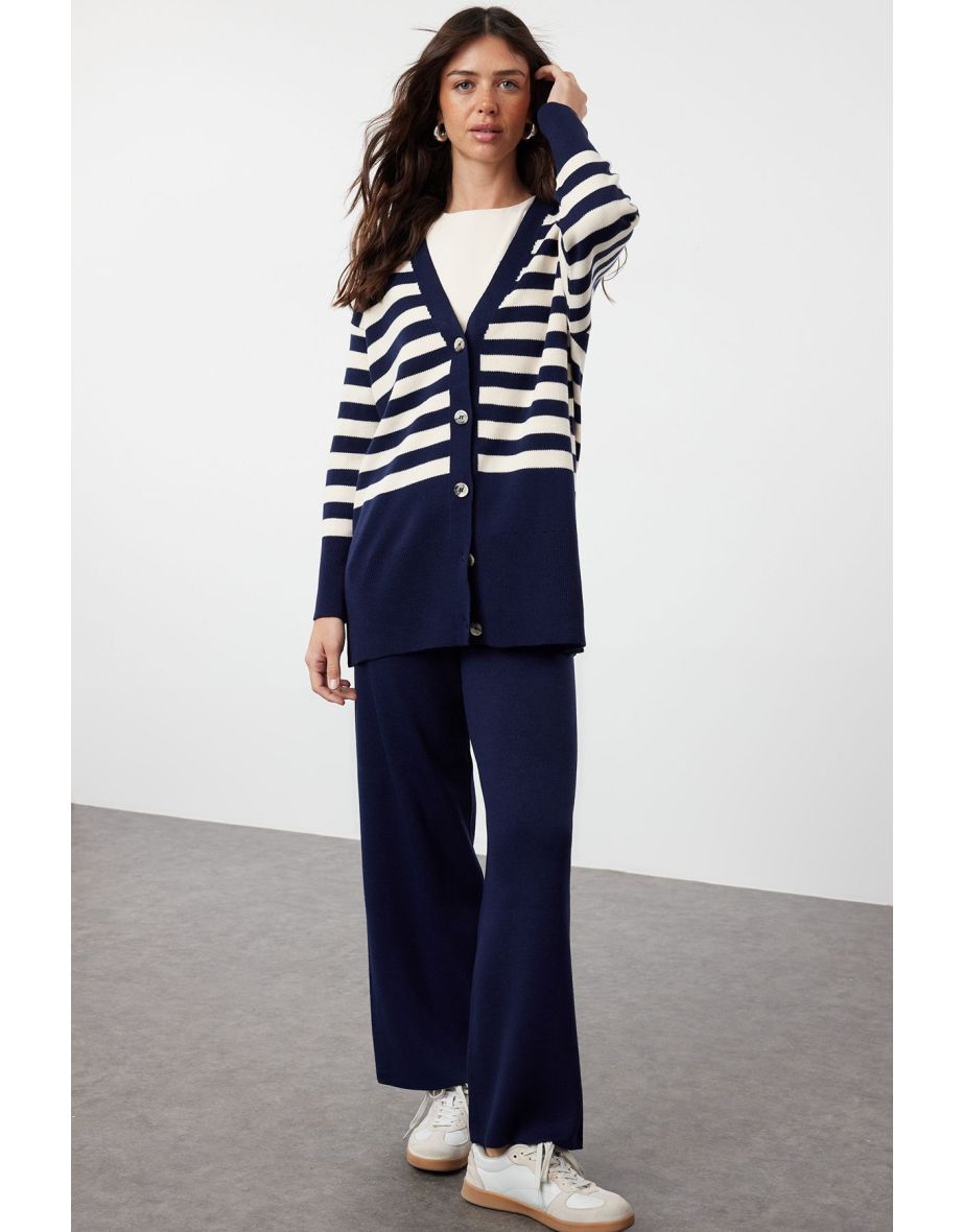 Navy Blue Cardigan Trousers Knitwear Bottom-Top Set