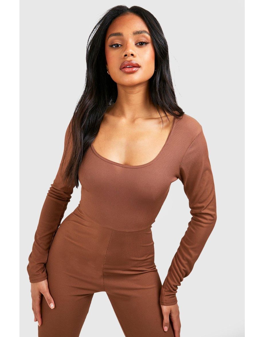Basic Scoop Neck Rib Long Sleeve Unitard Jumpsuit - chocolate - 3