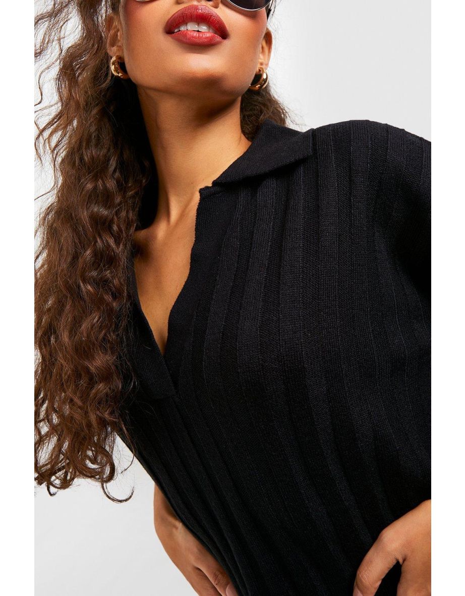 Wide Rib Collared Knitted Jumper Dress - black - 3
