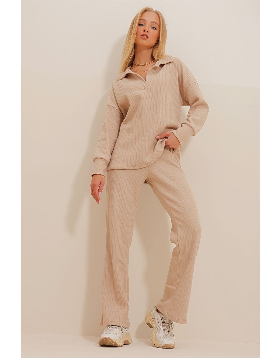 Women's Beige Polo Neck Top and Palazzo Trousers Knitwear Bottom and Top Set