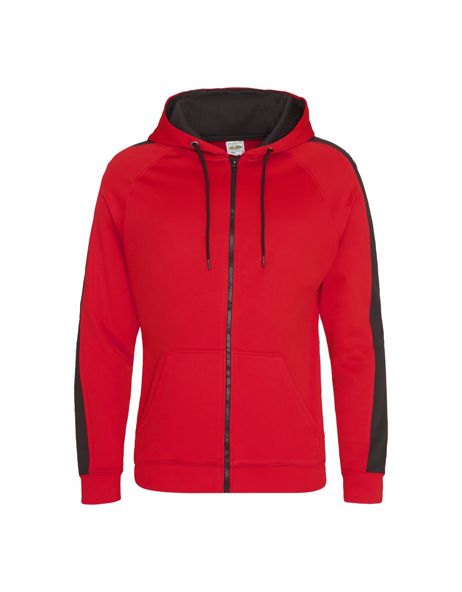 AWDis Just Hoods Mens Contrast Sports Polyester Full Zip Hoodie - Fire Red/Jet Black
