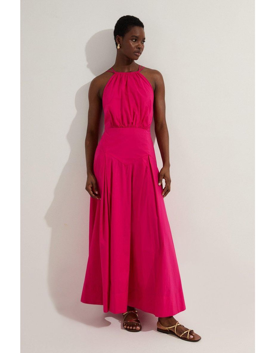 Cotton Halter Neck Woven Midi Dress With Dropped Waist Detail