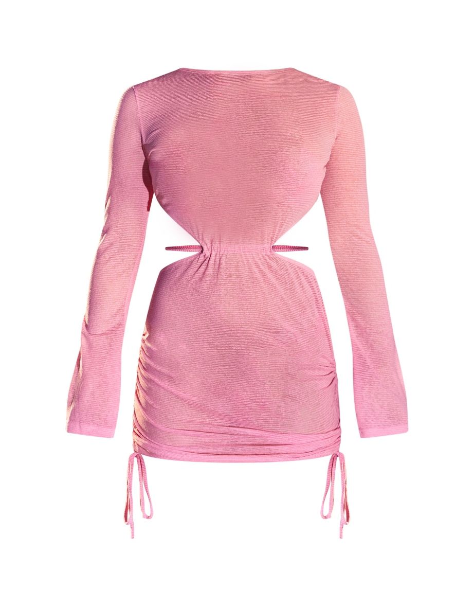 Pink Cut Out Sheer Slub Ruched Side Beach Dress - 4