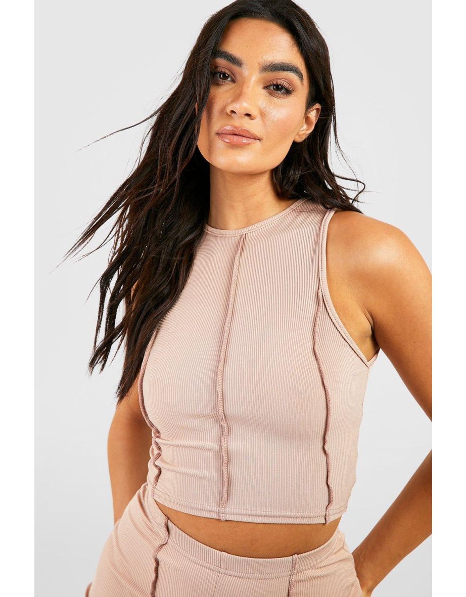 Exposed Seam Ribbed Cropped Racer Vest - camel - 3