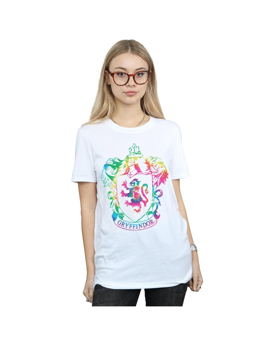 Harry Potter Womens/Ladies Gryffindor Crest Tie Dye Infill Cotton Boyfriend T-Shirt - White