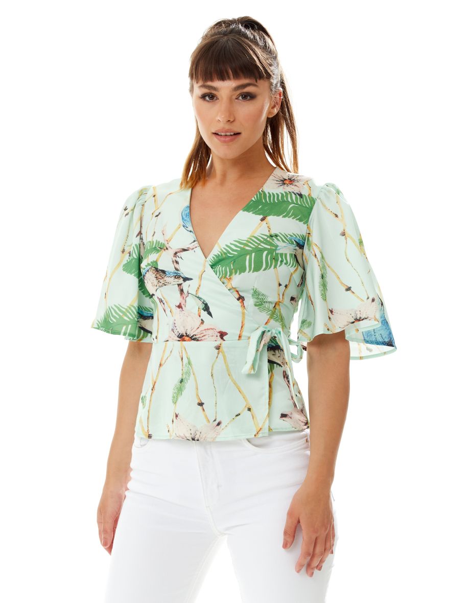 Women's Bird Print Wrap Top with V Neck .