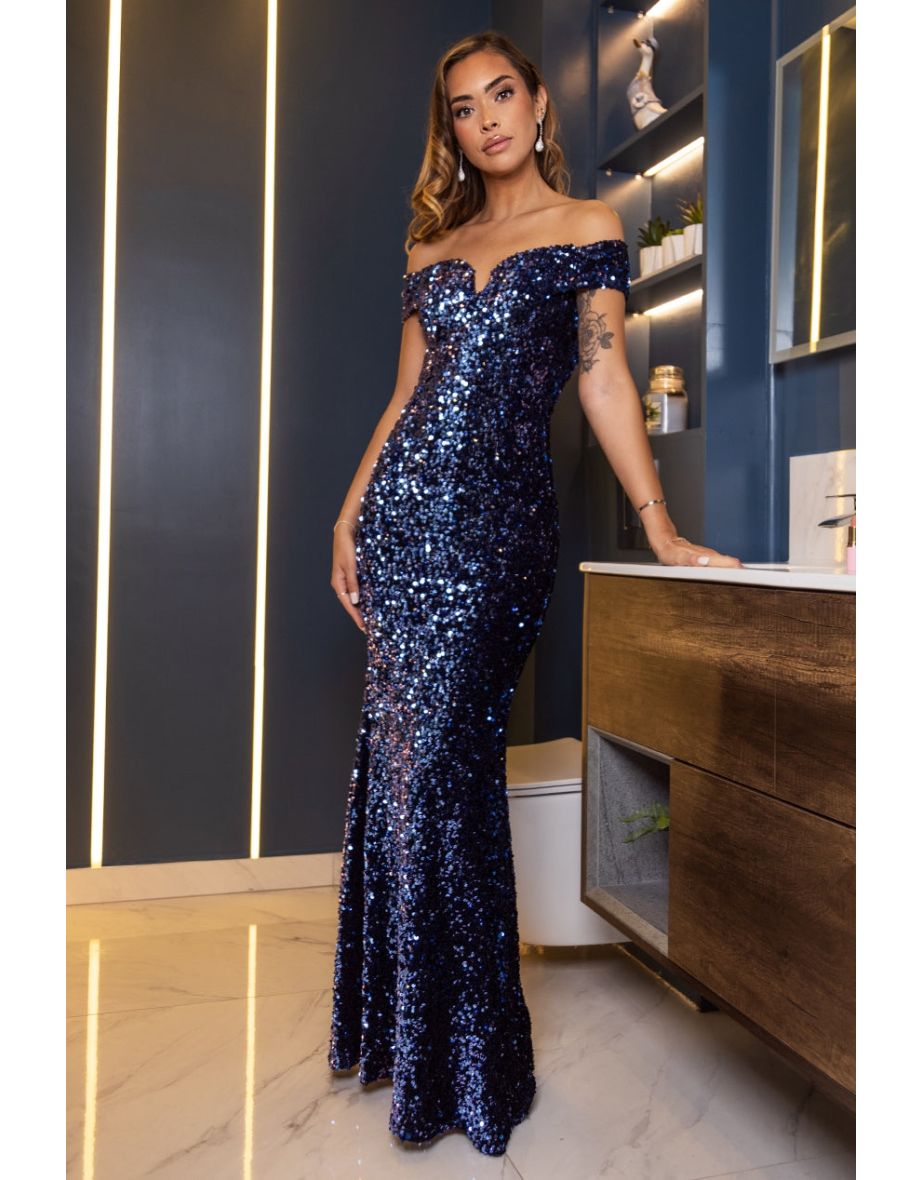 Goddiva Sequin Velvet Bardot Evening Maxi Dress - Midnight Blue - 4