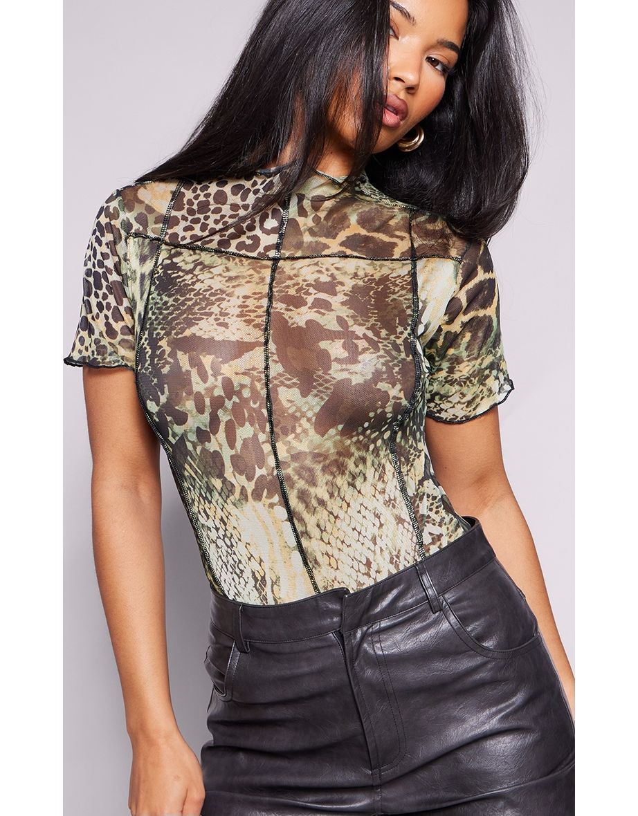 Prettylittlething Green Animal Print Bodysuit