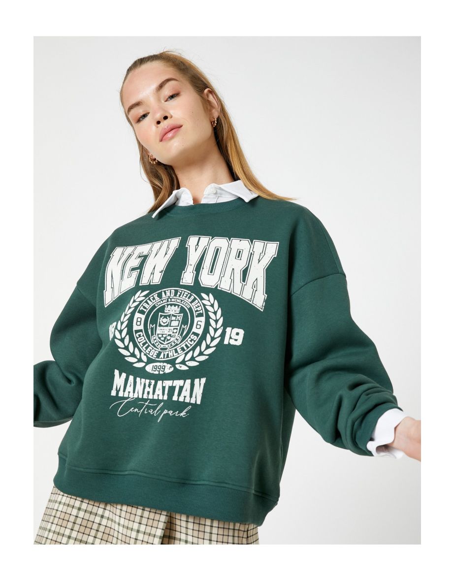 College Sweatshirt with Printed Crewneck Ribbed