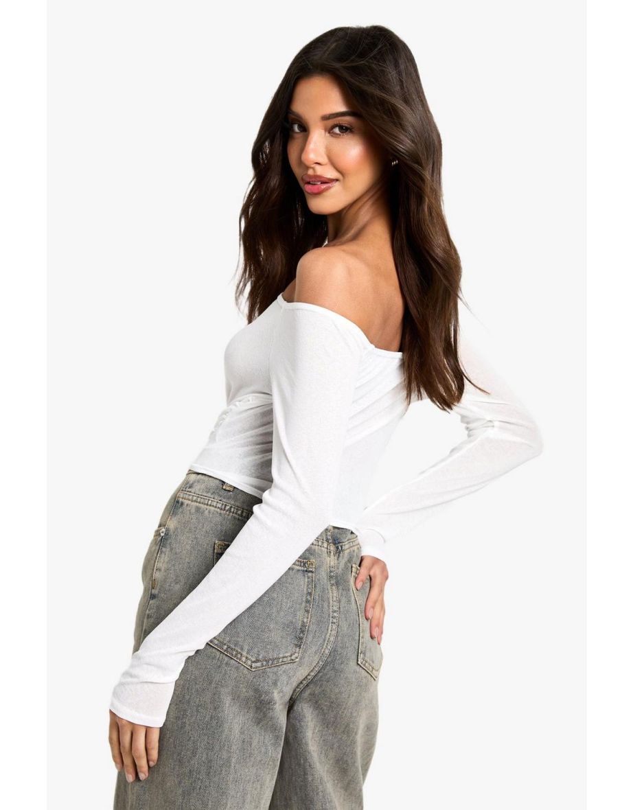 Textured Mesh Drape Shoulder Top - white - 2
