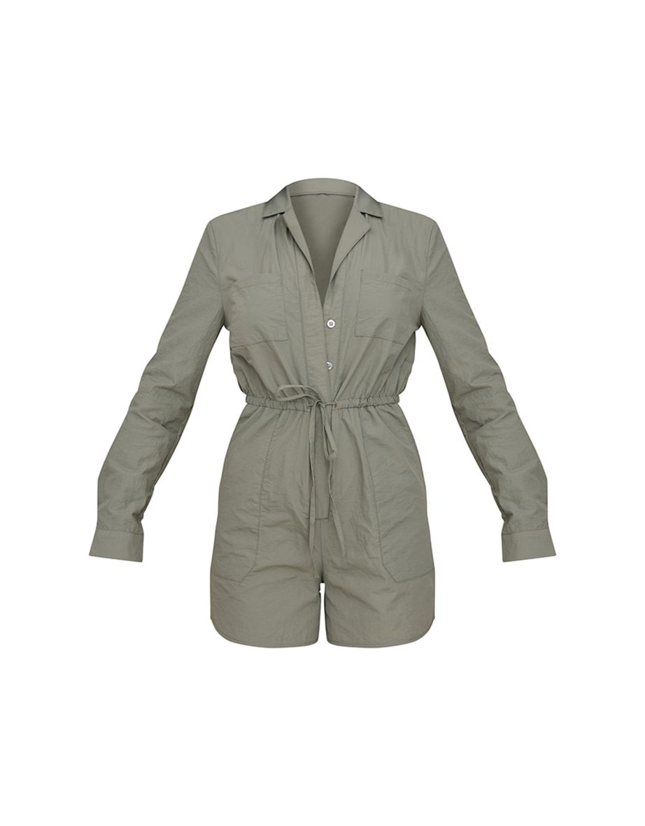 Khaki Shell Pocket Detail Elasticated Waist Shirt Playsuit - 4