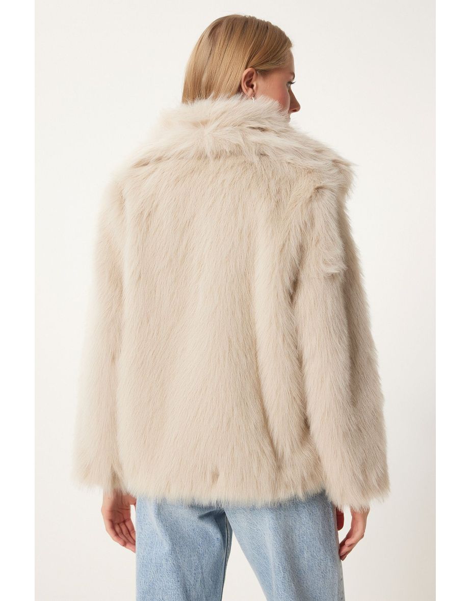 Women's Beige Shawl Collar Lined Faux Fur Jacket - 6