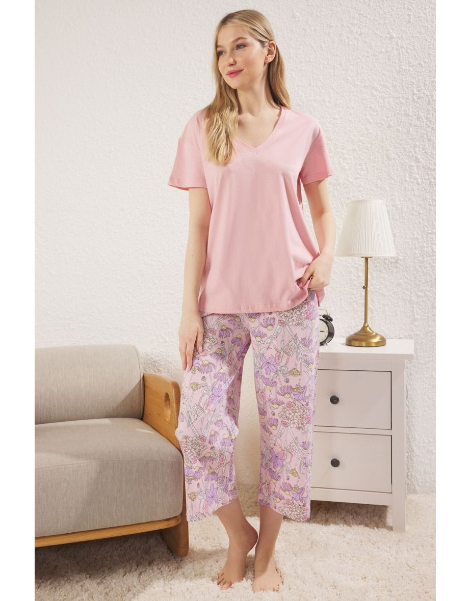 Pink Floral Capri Knitted Pajama Set
