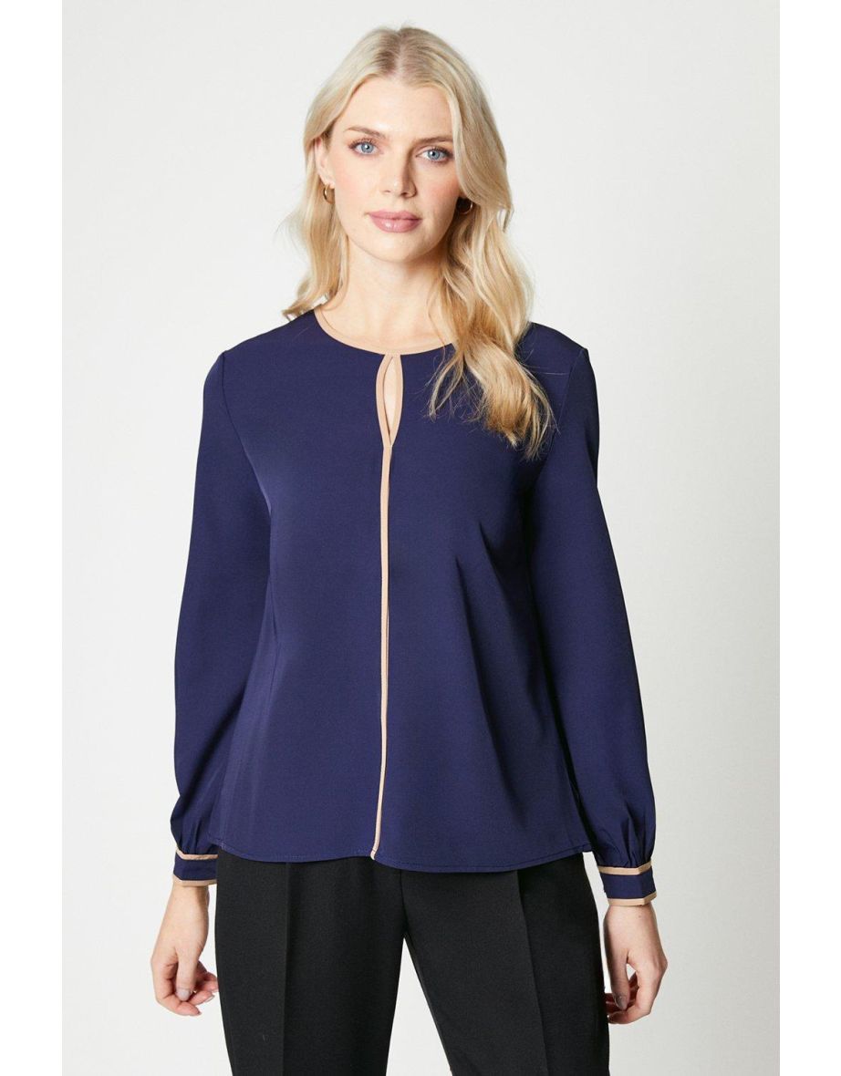 Premium Contrast Piping Blouse - navy