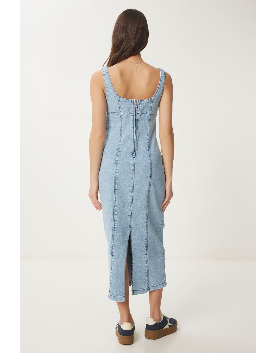 Women's Medium Blue Zippered Straps Denim Dress - 4