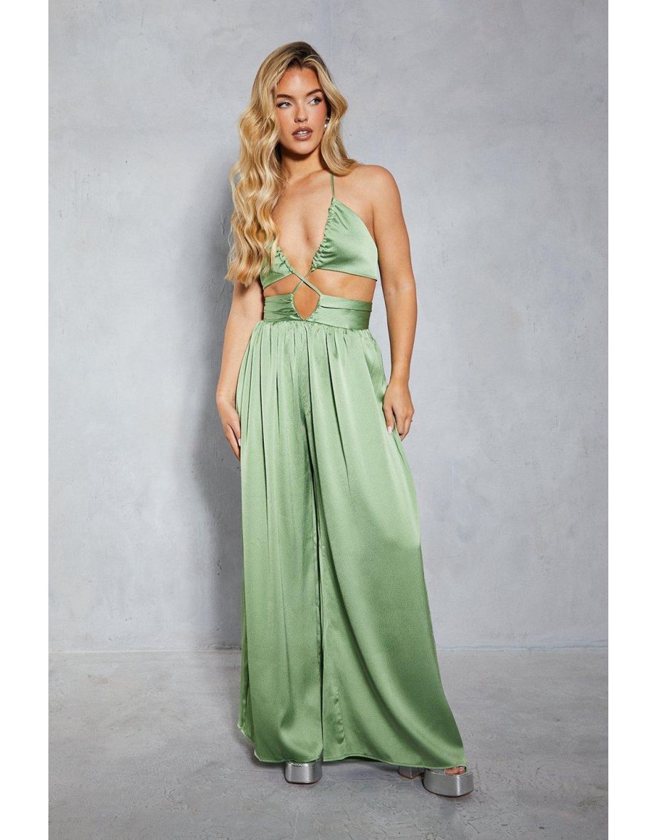 Textured Satin Strappy Cut Out Jumpsuit