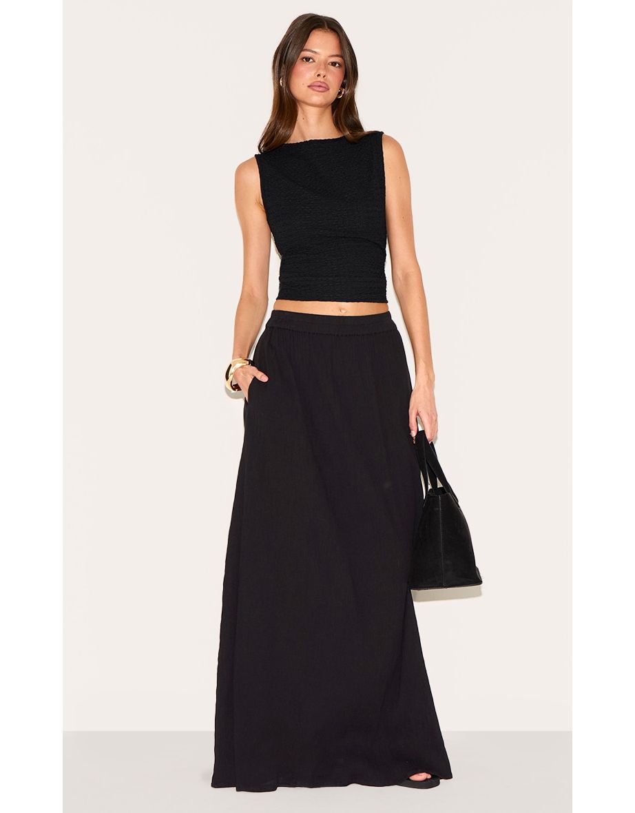 Black Cotton Cheesecloth Elasticated Waist Maxi Skirt