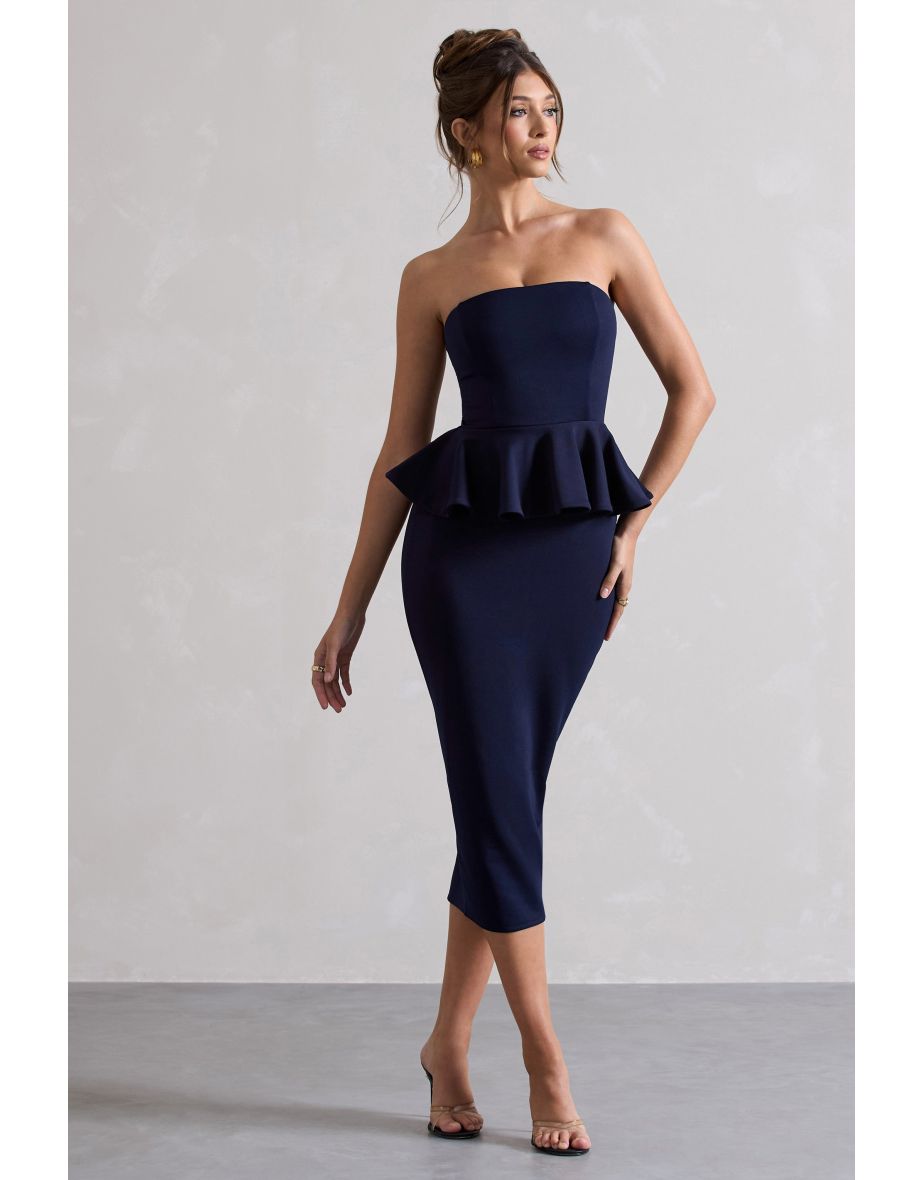 Strapless Bodycon Midi Dress in Navy