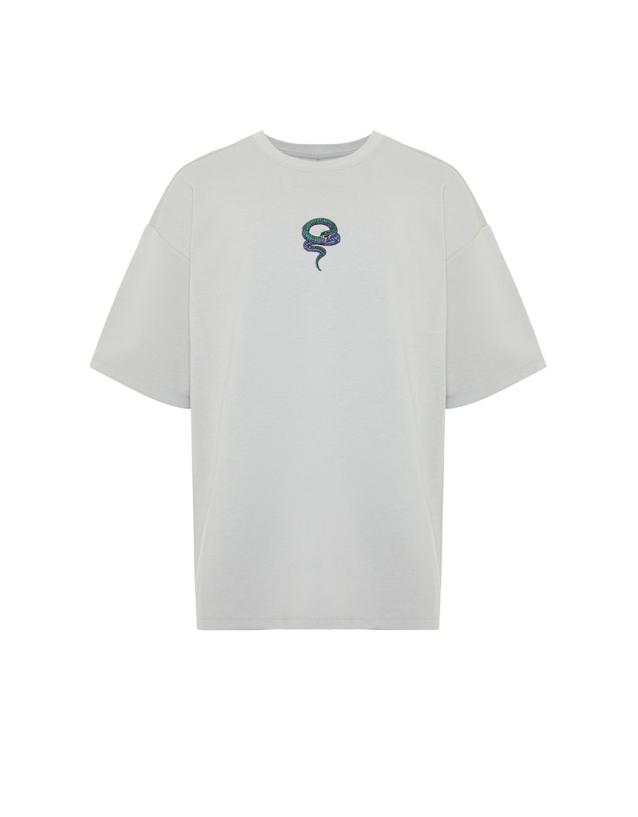 Limited Edition Gray Men's Oversize Snake Embroidery Thick Premium T-Shirt