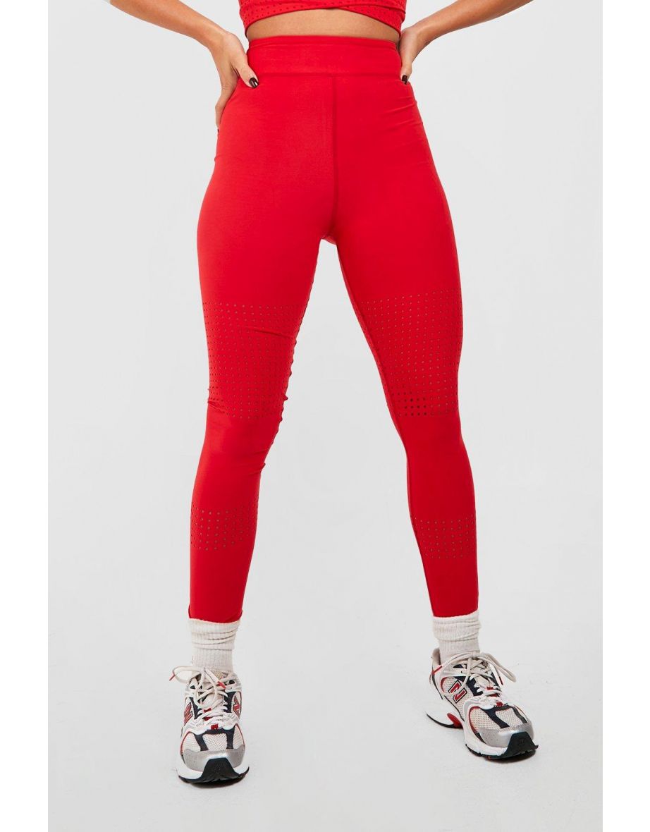 Laser Cut High Waist Active Leggings - red - 3