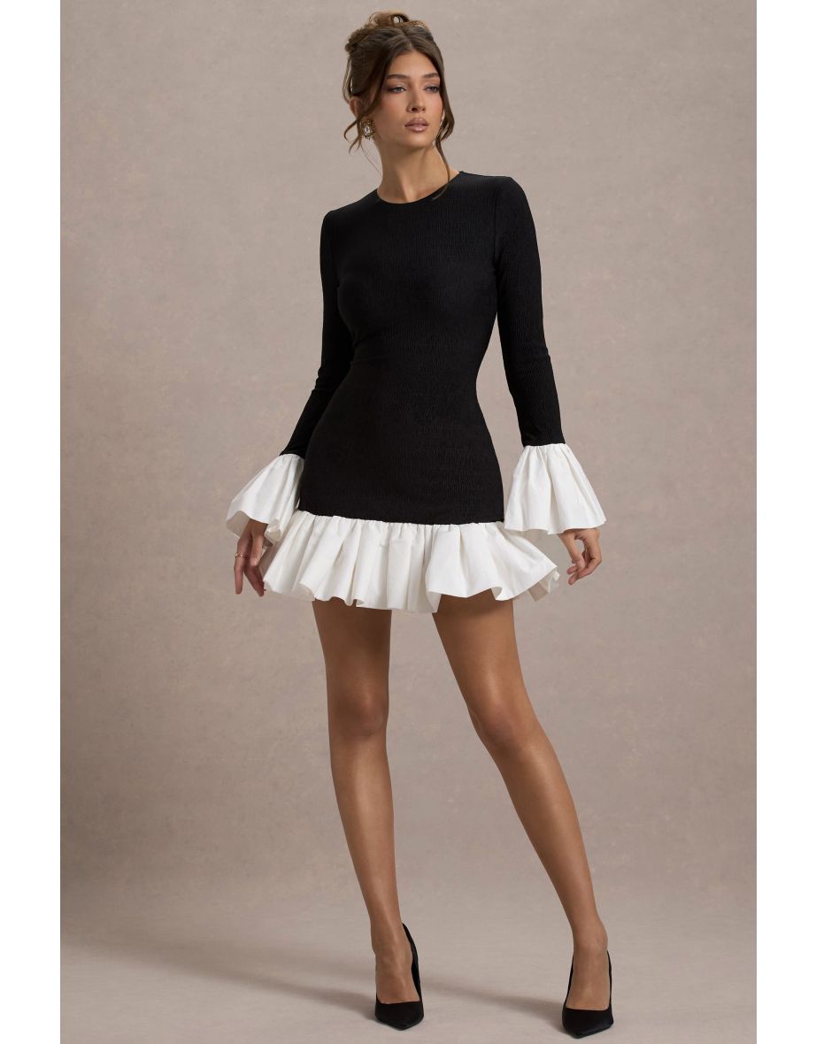 Josefina | Black Long-Sleeve Mini Dress With White Satin Trims