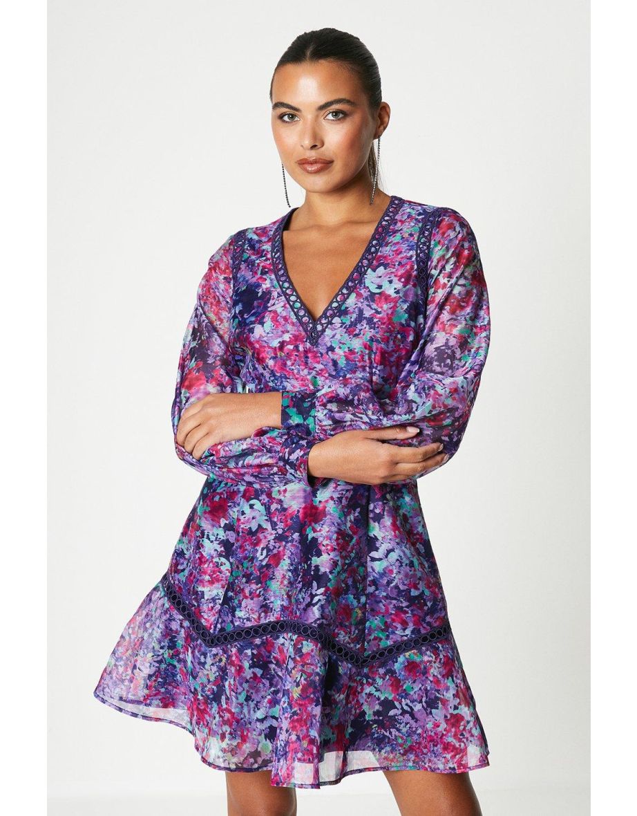 Floral Organza Mini Dress With Lace Trims
