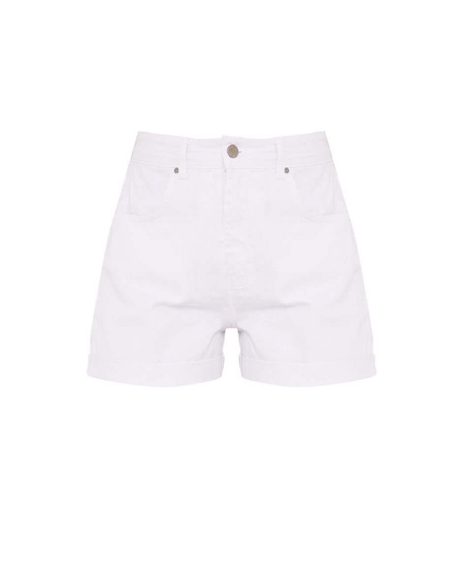 White Foldover Hem Denim Mom Shorts - 5